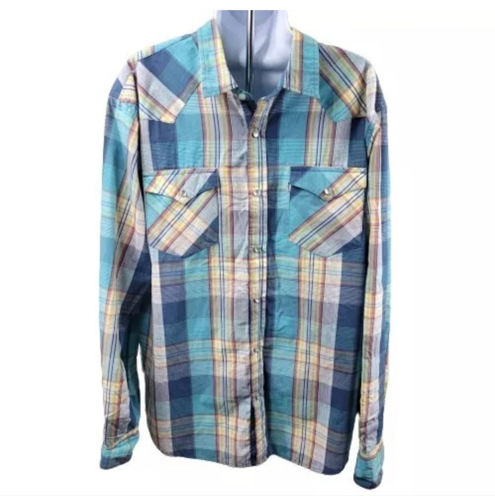 Levis Western Pearl Snap Shirt Men Large Stripes Long Sleeve Flap Pockets EUC
